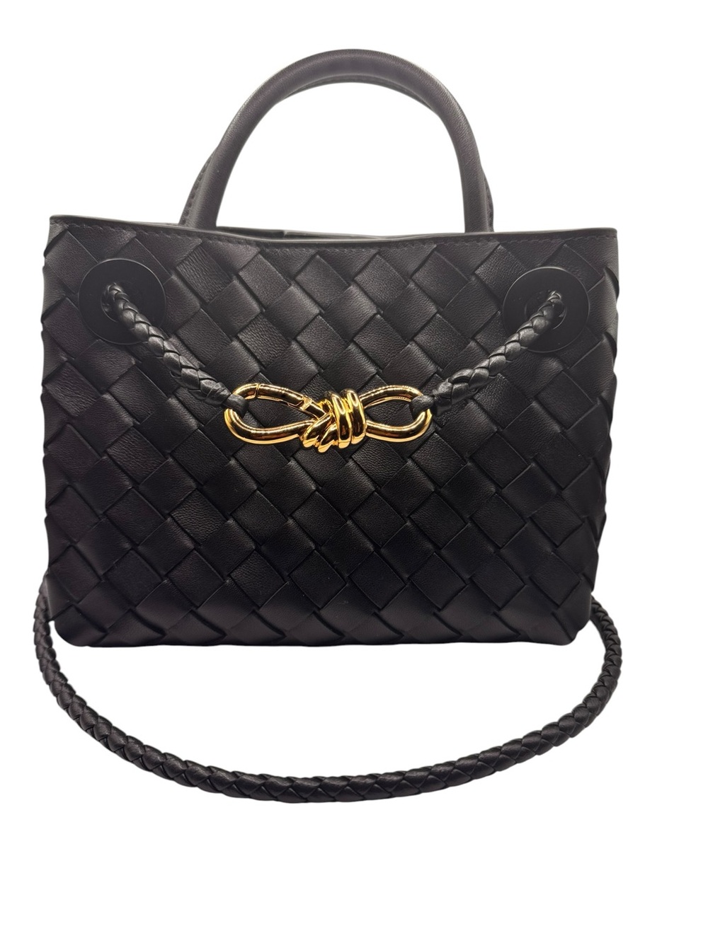 Bottega Veneta Black Intrecciato Mini Tote with Gold Knot Hardware